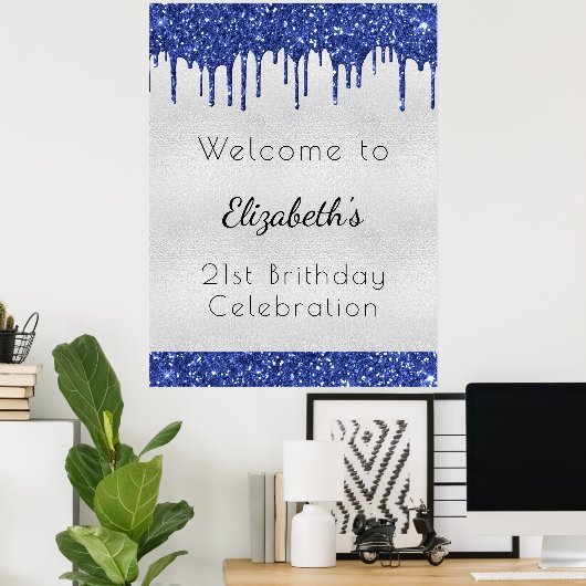 Silberblauer Glitzer Tropfen Monogramm Begrüßung Poster (Heimbüro)