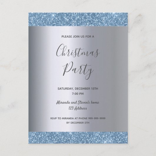 Silberblauer Glitzer Weihnachten Party Einladung (Vorderseite)