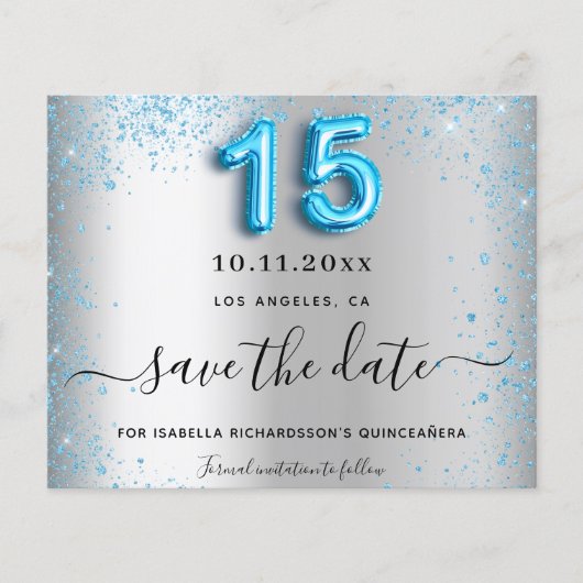 Silberblauer Haushalt für Quinceanera Save the Dat Flyer (Vorne)