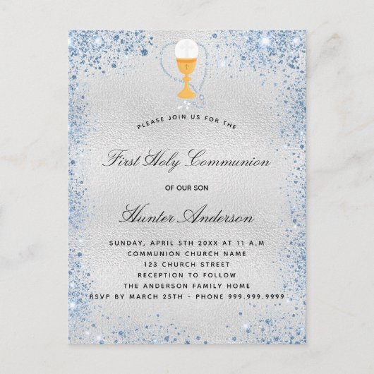 Silberblauer Junge Einladungspostkarte (Vorderseite)