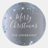 Silberblauer Weihnachtsname des Glitzer Runder Aufkleber (Vorderseite)