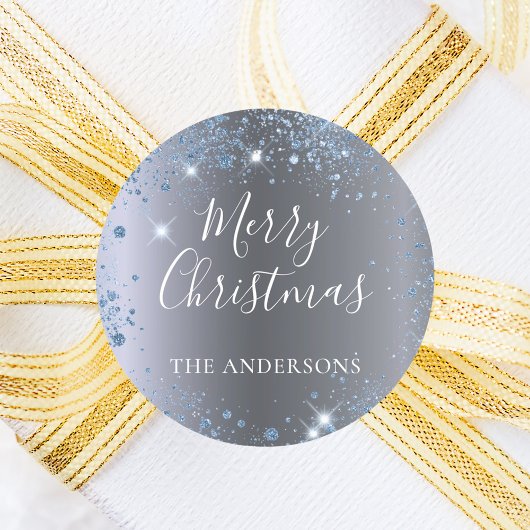 Silberblauer Weihnachtsname des Glitzer Runder Aufkleber