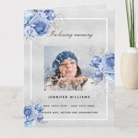 Silberblaues blumengeschmücktes Foto Dankeskarte (Vorderseite)