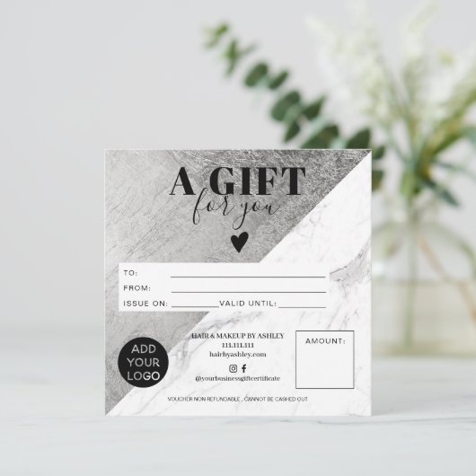 Silberblock-Vierkant-Geschenkgutschein (Stehend Vorderseite)