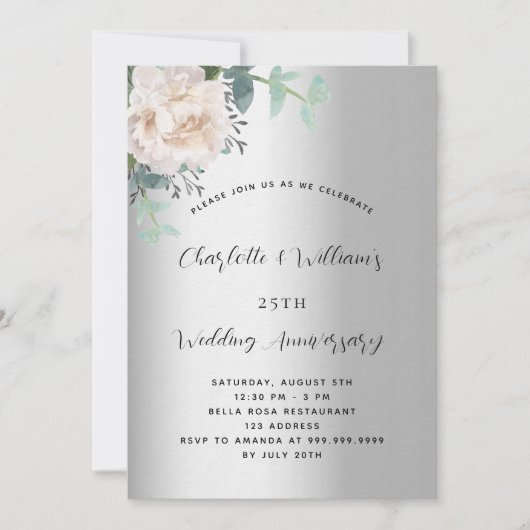 Silberblumen Luxus 25. Hochzeitstag Einladung (Vorderseite)