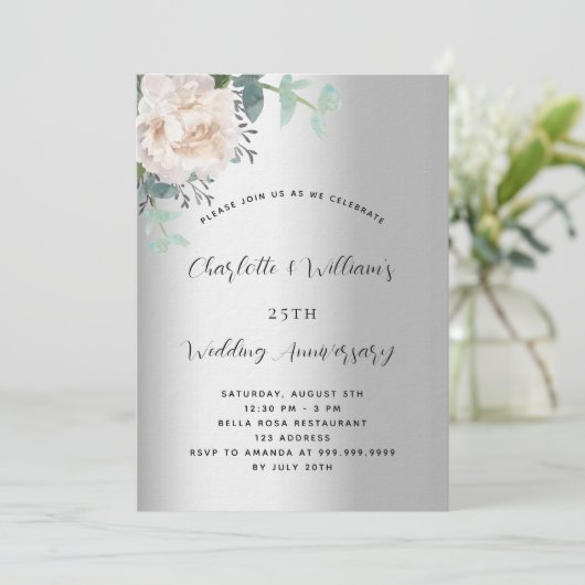 Silberblumen Luxus 25. Hochzeitstag Einladung (Stehend Vorderseite)