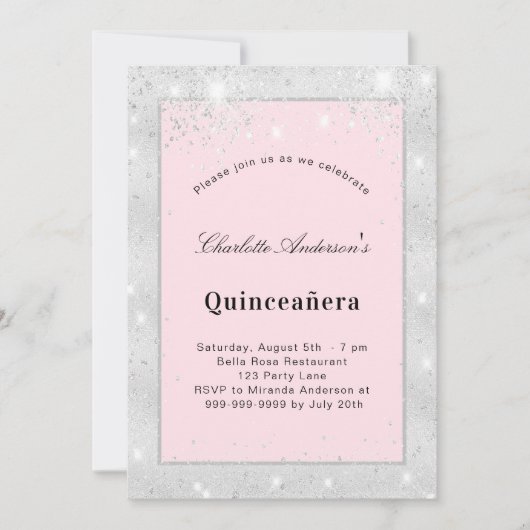 Silberblütenstaub aus Quinceanera, rosa Glitzer Einladung (Vorderseite)