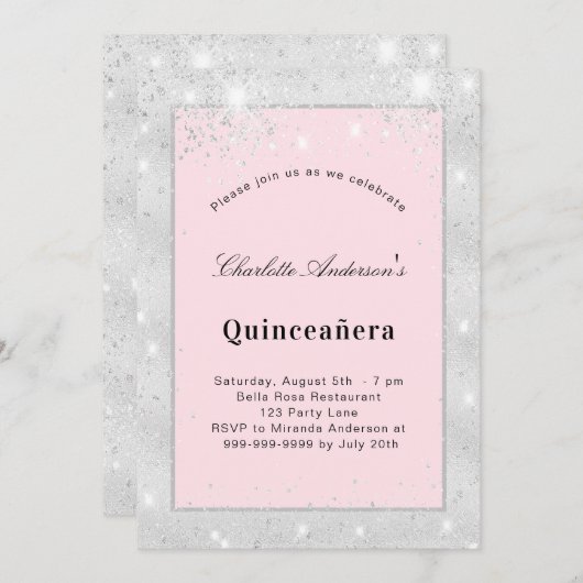 Silberblütenstaub aus Quinceanera, rosa Glitzer Einladung (Vorne/Hinten)