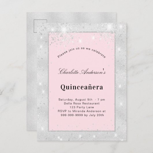 Silberblütenstaub aus Quinceanera, rosa Glitzer Einladungspostkarte (Vorne/Hinten)