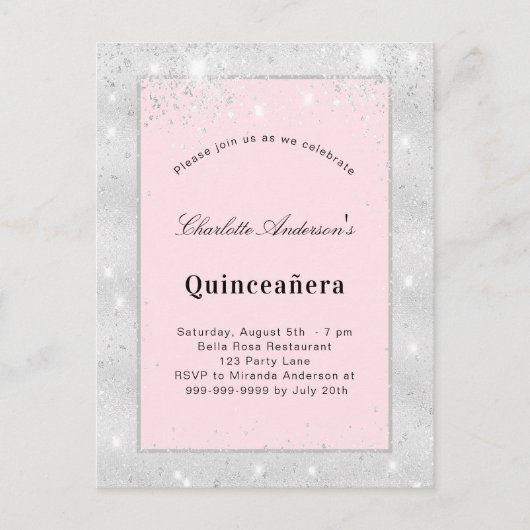 Silberblütenstaub aus Quinceanera, rosa Glitzer Einladungspostkarte (Vorderseite)