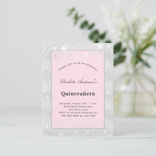 Silberblütenstaub aus Quinceanera, rosa Glitzer Einladungspostkarte (Stehend Vorderseite)