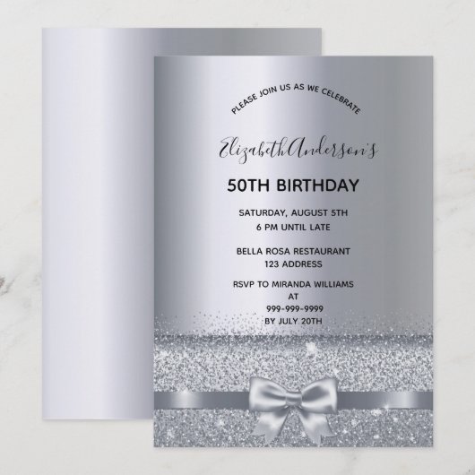 Silberbogen-eleganter Geburtstag Einladung (Vorne/Hinten)