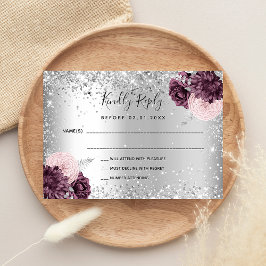 Silberbordeauxblumen Glitzer Hochzeit RSVP Mitteilungskarte
