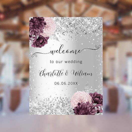 Silberbordeauxrot Blume begrüßen Hochzeit Poster