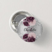 Silberburgund-Blumen mit elegantem Namensschild Button (Vorne & Hinten)