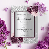 Silberburgund elegante Hochzeit mit Blumen Einladung