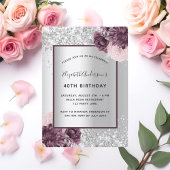 Silberburgund pinkfarben, floralelegant Geburtstag Einladung
