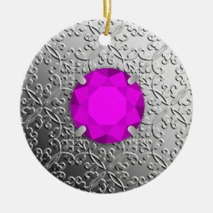 SilberDamast mit einem amethystischen Edelstein au Keramikornament
