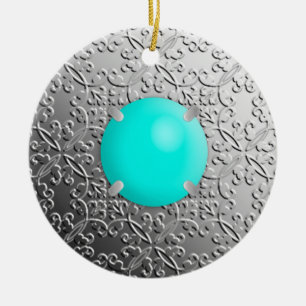 SilberDamast mit türkisfarbenem Imitat Keramik Ornament