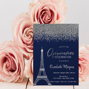 Silberdiamanten, Eiffelturm Navyblauer Quinceanera Einladung