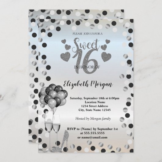 Silberdots, Glas, Ballons Sweet 16 Party Einladung (Vorne/Hinten)