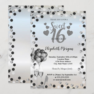 Silberdots, Glas, Ballons Sweet 16 Party Einladung