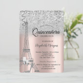 Silbereiffelturm, Rose aus Glas, Gold Einladung (Stehend Vorderseite)