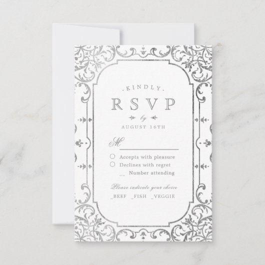 Silberelegantes verziertes UAWG für Hochzeiten RSVP Karte (Vorderseite)