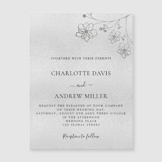 Silberer eleganter Hochzeitsmagnet Magnetkarte (Vorderseite)