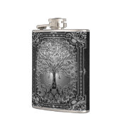 Silberer Verzierter Baum des Lebens Antike rustika Flachmann (Links)