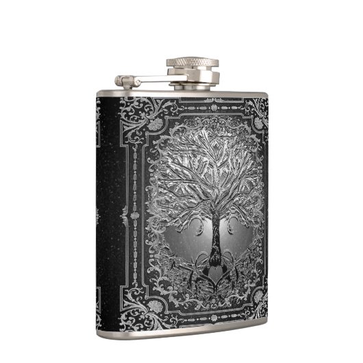 Silberer Verzierter Baum des Lebens Antike rustika Flachmann (Rechts)