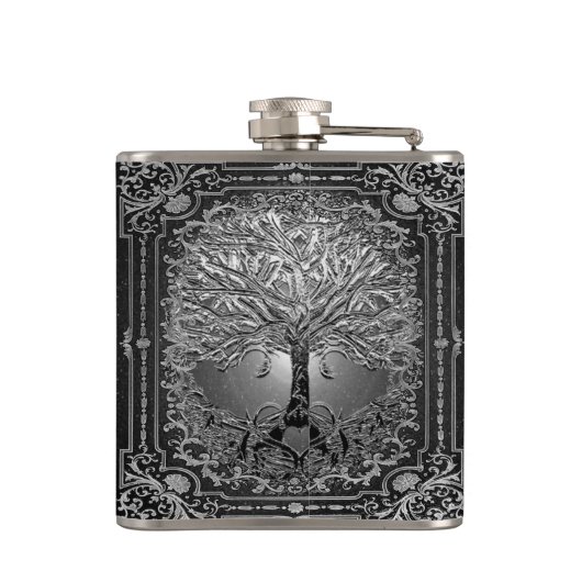 Silberer Verzierter Baum des Lebens Antike rustika Flachmann (Rückseite)