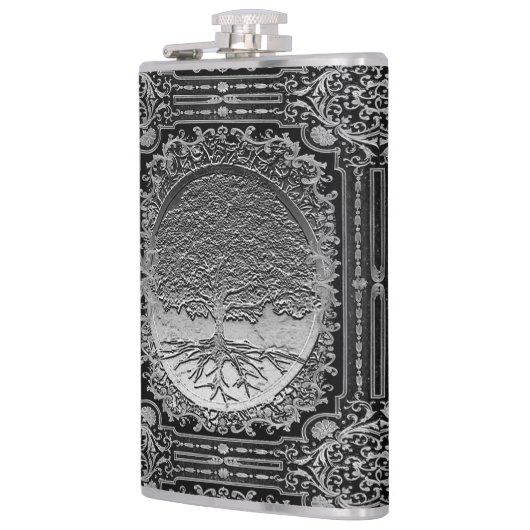 Silberer Verzierter Baum des Lebens Antike rustika Flachmann (Links)