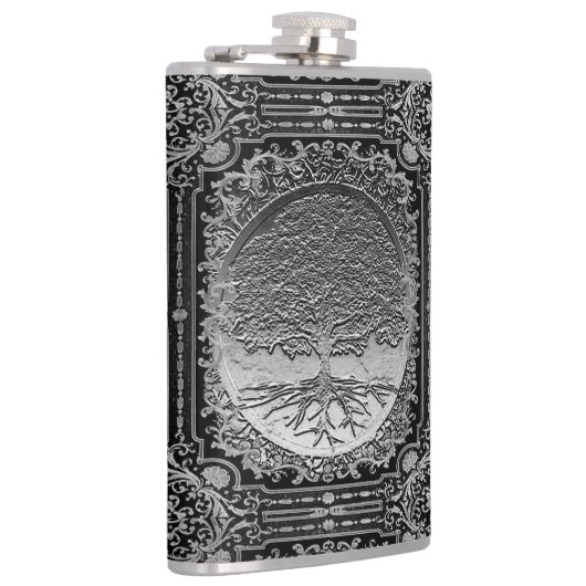 Silberer Verzierter Baum des Lebens Antike rustika Flachmann (Rechts)