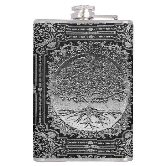 Silberer Verzierter Baum des Lebens Antike rustika Flachmann (Rückseite)