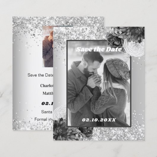 Silberes blumengeschmücktes Foto Save the Date Hoc (Vorne/Hinten)