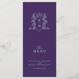 Silberfarbige lila Krone Wappen Monogramm Hochzeit Menükarte