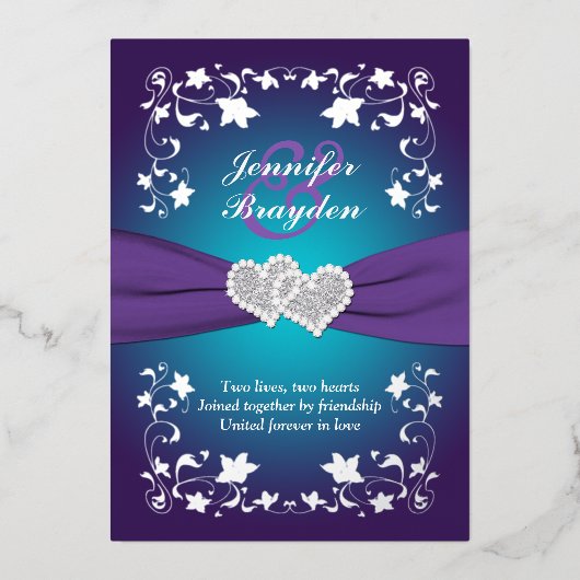 Silberflorale, Lila, Aquamarine Herzenshochzeit Folieneinladung (Vorderseite)