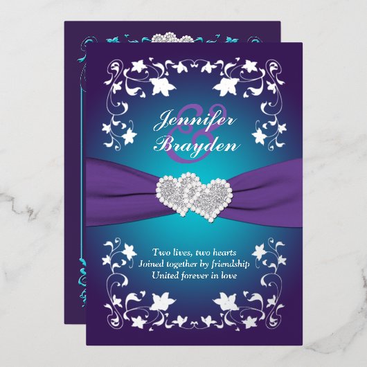 Silberflorale, Lila, Aquamarine Herzenshochzeit Folieneinladung (Vorderseite/Rückseite)