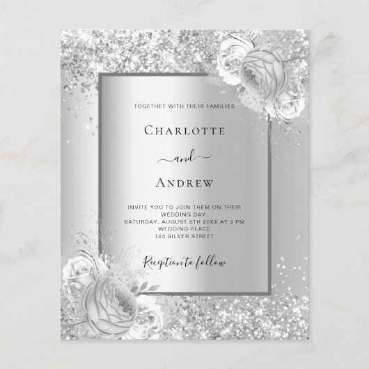 Silberflorale monochrome Hochzeitseinladung (Vorderseite)