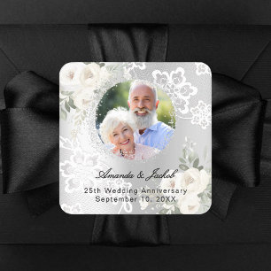 Silberflorale zum 25. Hochzeitstag - Silberne Foto Quadratischer Aufkleber