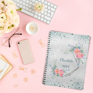 Silberfloralen, grüne Glitzer Glitzern Notizblock