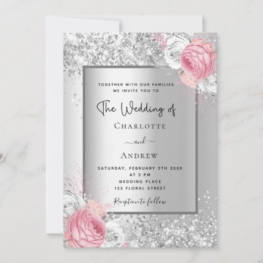 Silberfloralen Rosa, elegante Hochzeit Einladung (Vorderseite)
