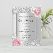 Silberfloralen Rosa, elegante Hochzeit Einladung (Stehend Vorderseite)