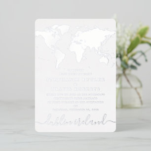 Silberfolie Blaue Weltkarte Destination Hochzeit Folieneinladung