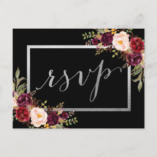 Silberfolie Burgunder Blumen Schwarz Hochzeit RSVP Postkarte