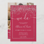 Silberfolie magenta Foto Initialen Hochzeit Einladung (Vorne/Hinten)
