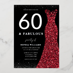 Silberfolie rotes Kleid sechzig Fabulous 60. Gebur Folieneinladung