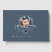 Silberfolie Schild auf blaues Foto Geburtstag Gästebuch (Vorderseite)