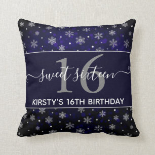 Silberfolie-Schneeflocken & blaues Bokeh Sweet 16 Kissen